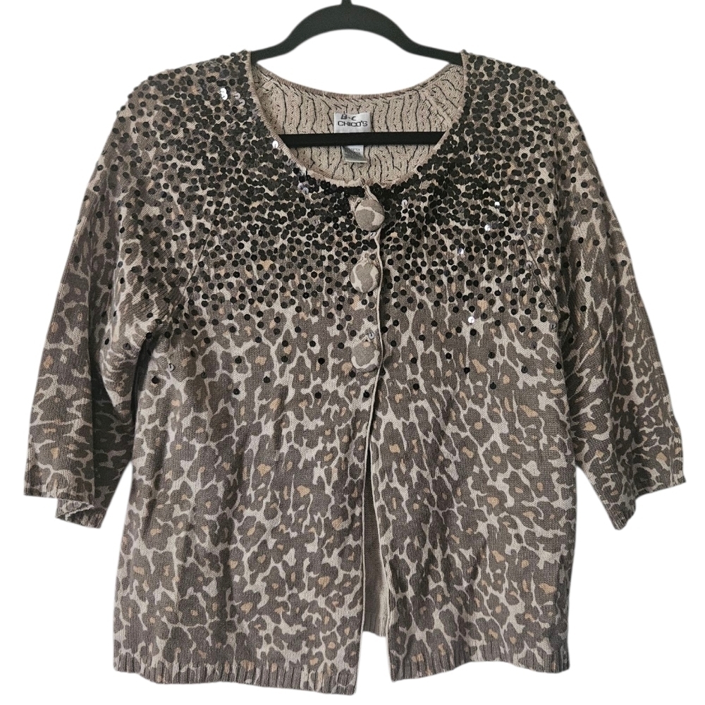 Chico's Leopard Print Metallic Sequin 3/4 Sleeve Cardigan Sweater Women 1 (M)